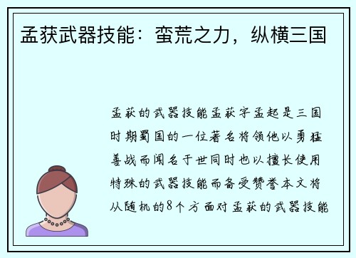 孟获武器技能：蛮荒之力，纵横三国
